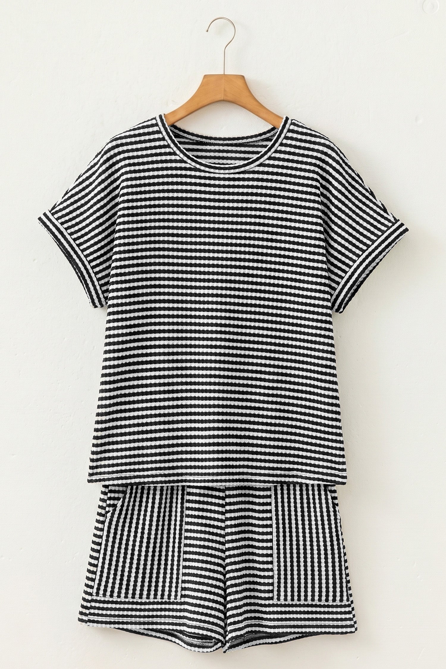 Brown Stripe Breathable Textured Knit Short 2pcs Set