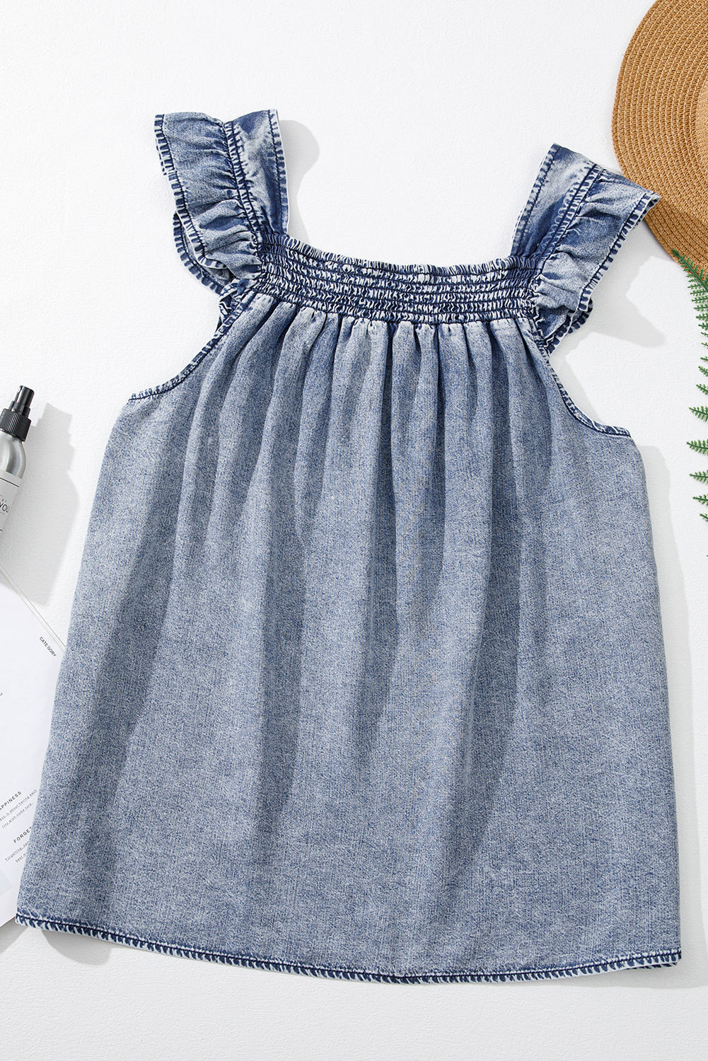 Ashleigh Blue Ruffled Shirred Neckline Sleeveless Denim Tank Top
