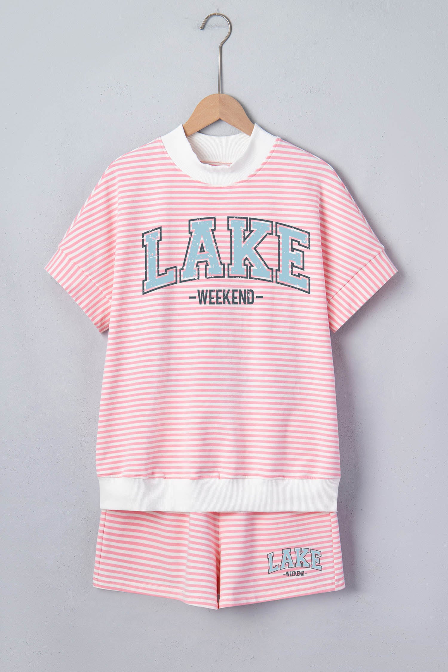 Pink Stripe Contrast Trim High Neck Short Sleeve LAKE WEEKEND 2pcs Short Set