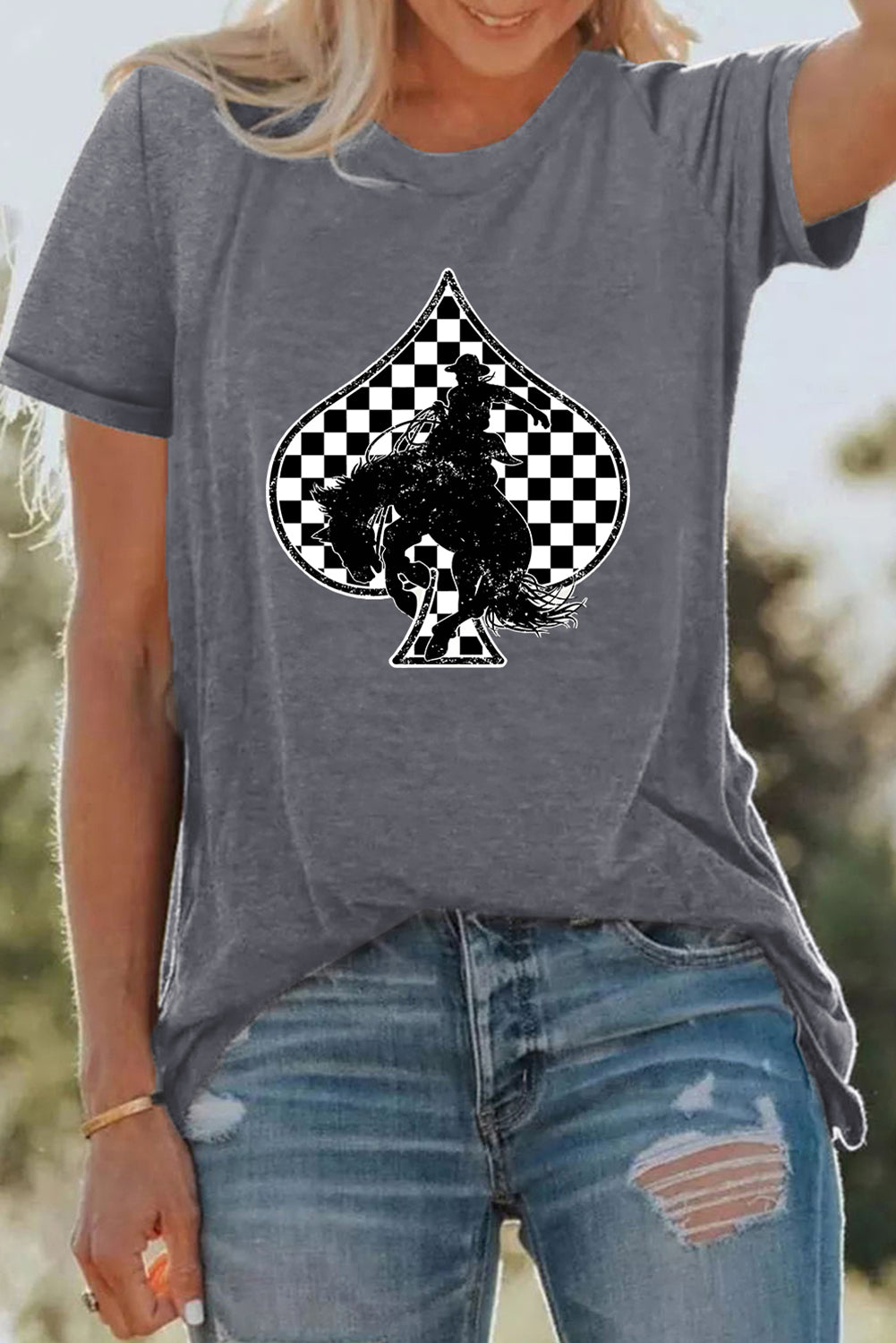 Gray Rodeo Check Spades Western Graphic T Shirt