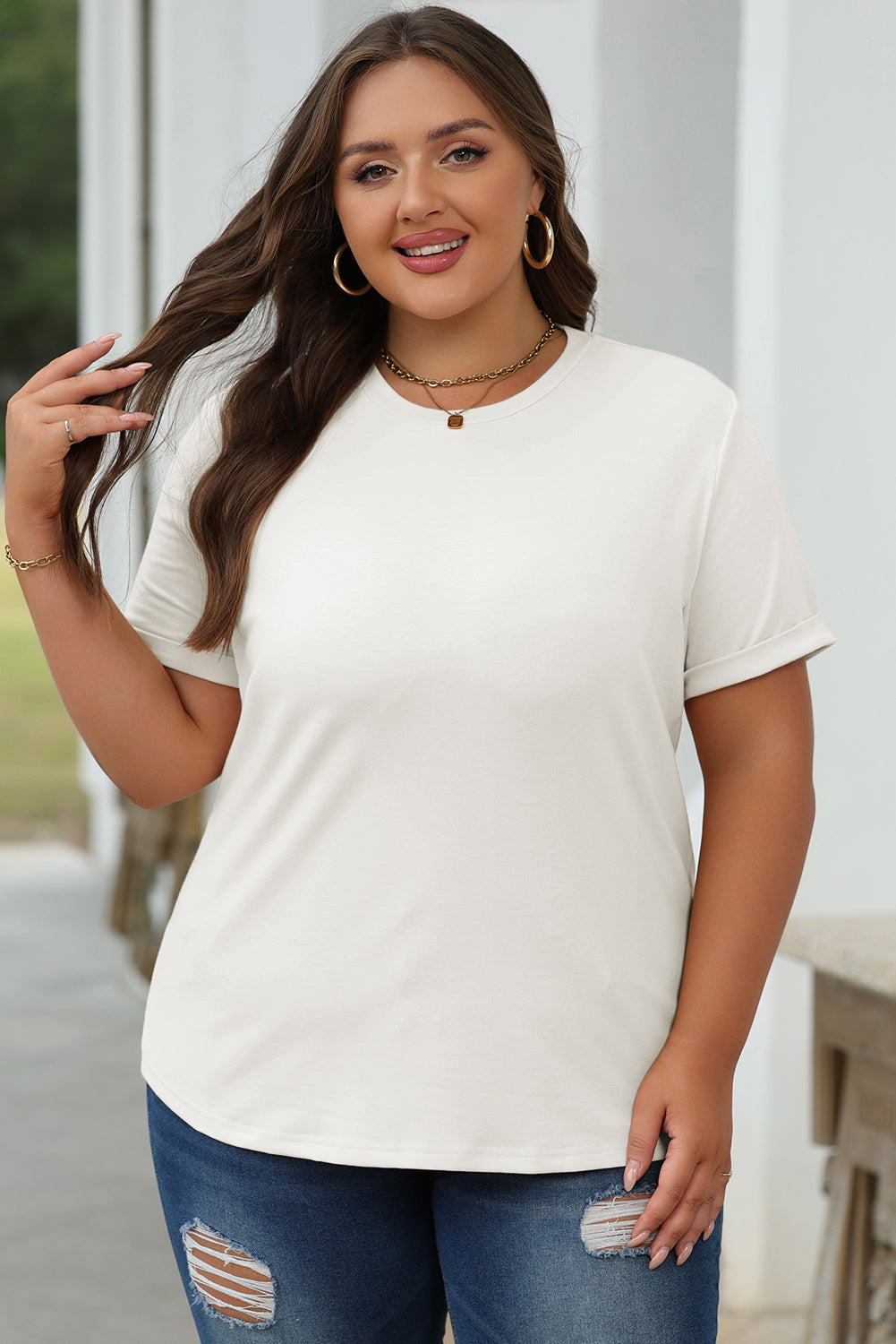 Dark Blue Casual Plain Crew Neck Tee