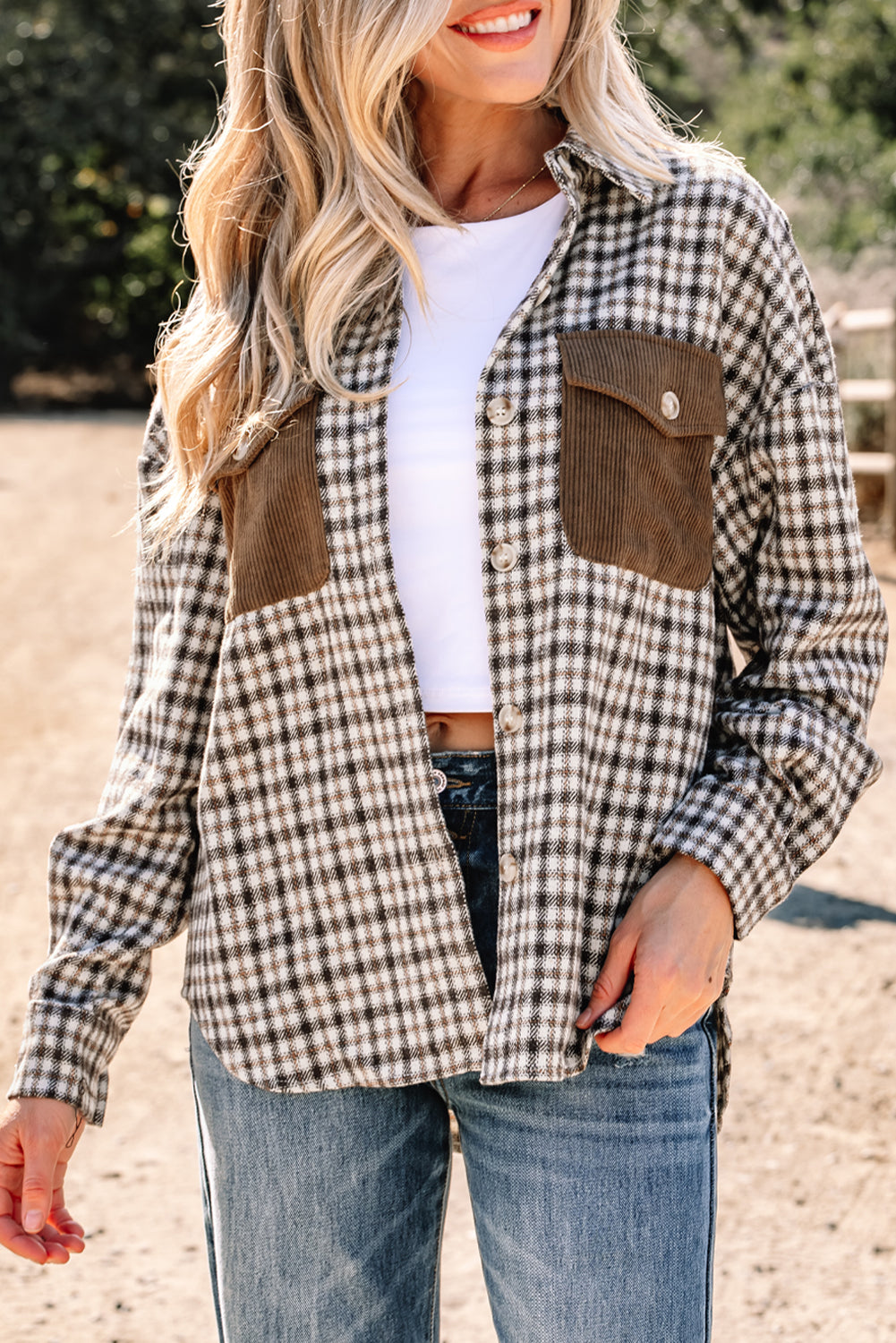Casual Contrast Corduroy Flap Pocket Patchwork Plaid Shacket