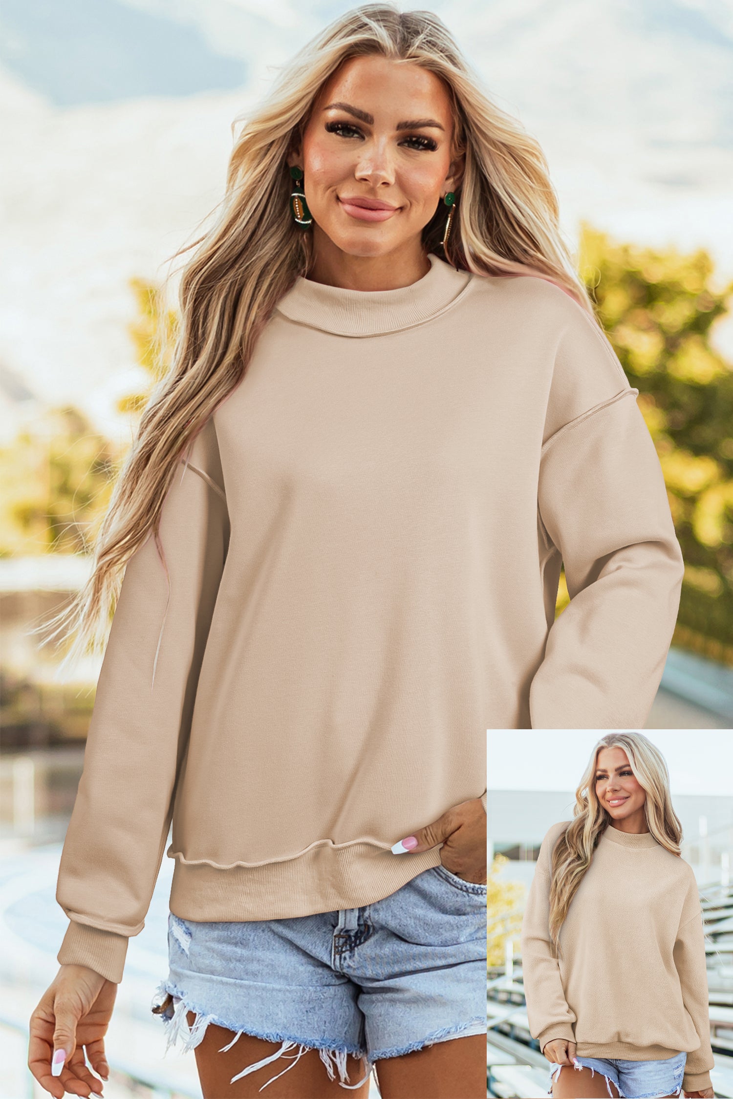 Red Dahlia Oversize Drop Shoulder Reversible Mock Neck Sweatshirt