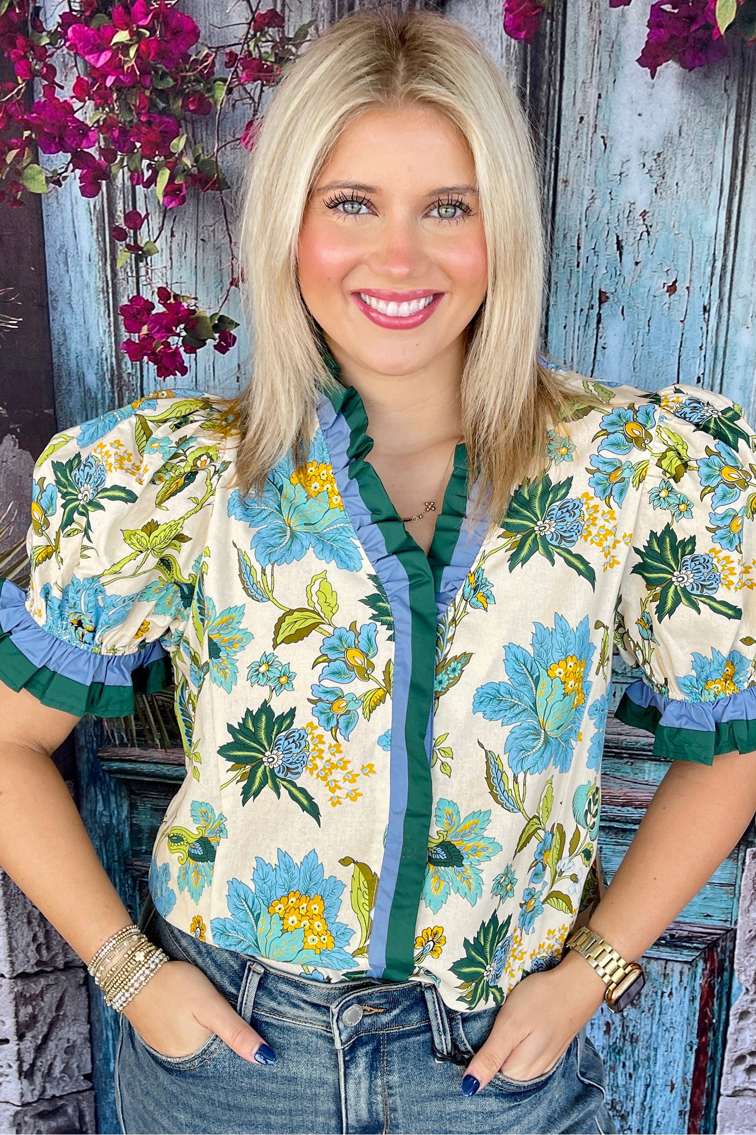 Sky Blue Plus Size Frilled V Neck Short Sleeve Floral Blouse