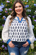 White Plus Size Boho Floral Print Contrast Trim Split Neck Puff Sleeve Patchwork Blouse