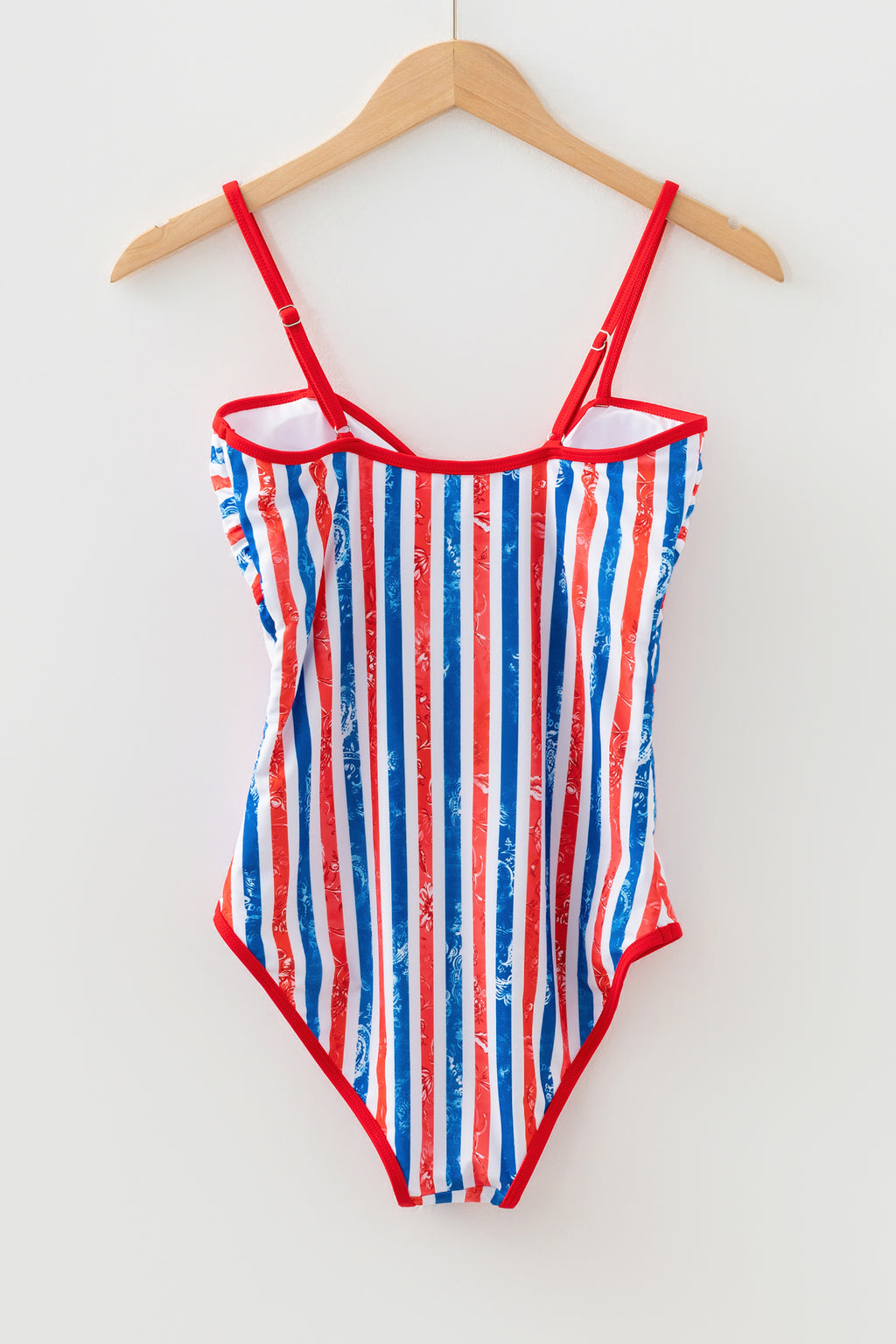 Red July 4th Stripes Star Floral Impression Cutout Spaghetti Straps One Piece Swimsuit