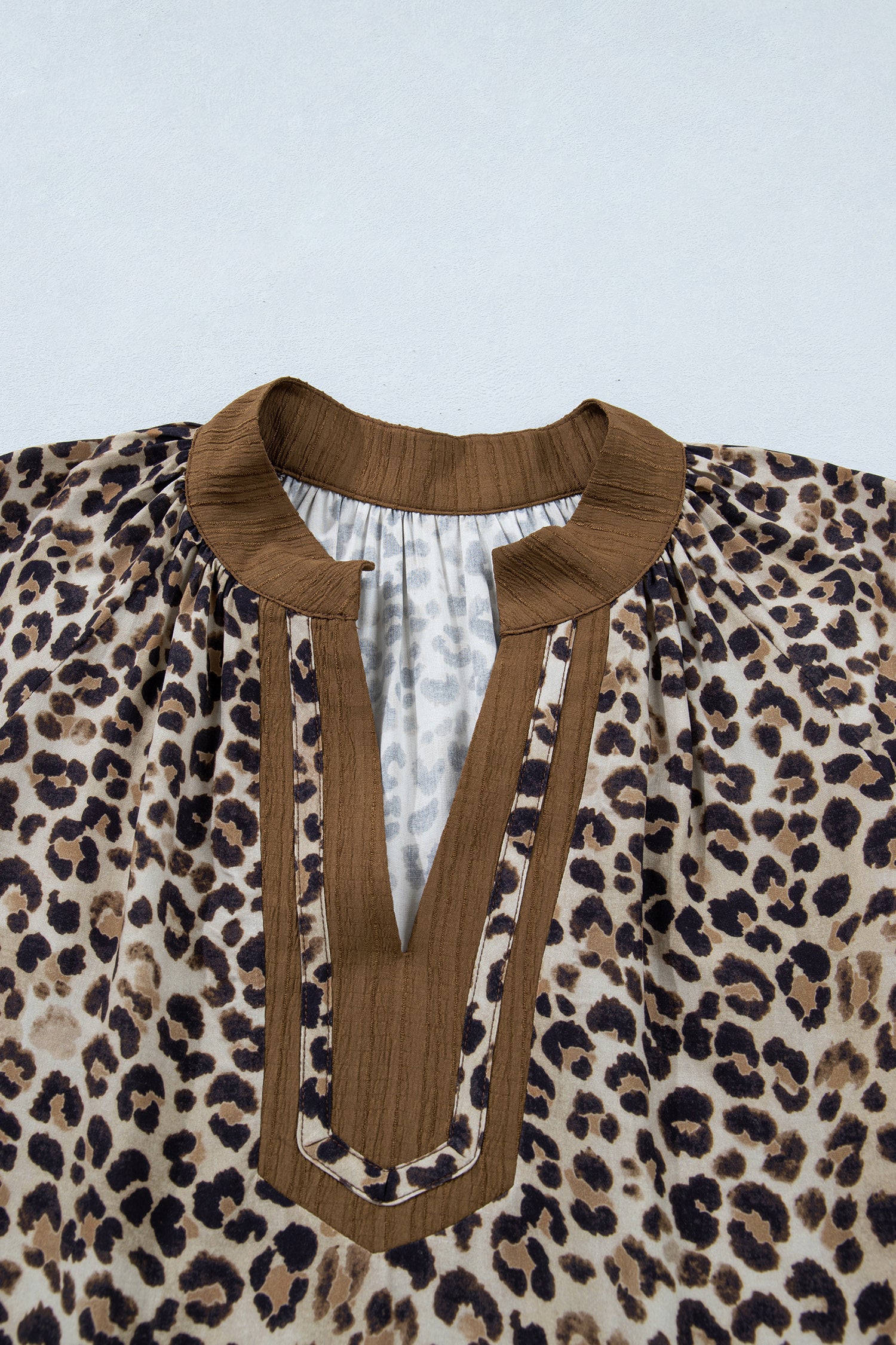 Brown Plus Size Leopard Print Crinkled Colorblock Patchwork V Neck Blouse