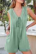 Smoke Green Tie V Neck Pintuck Sleeveless Loose Romper