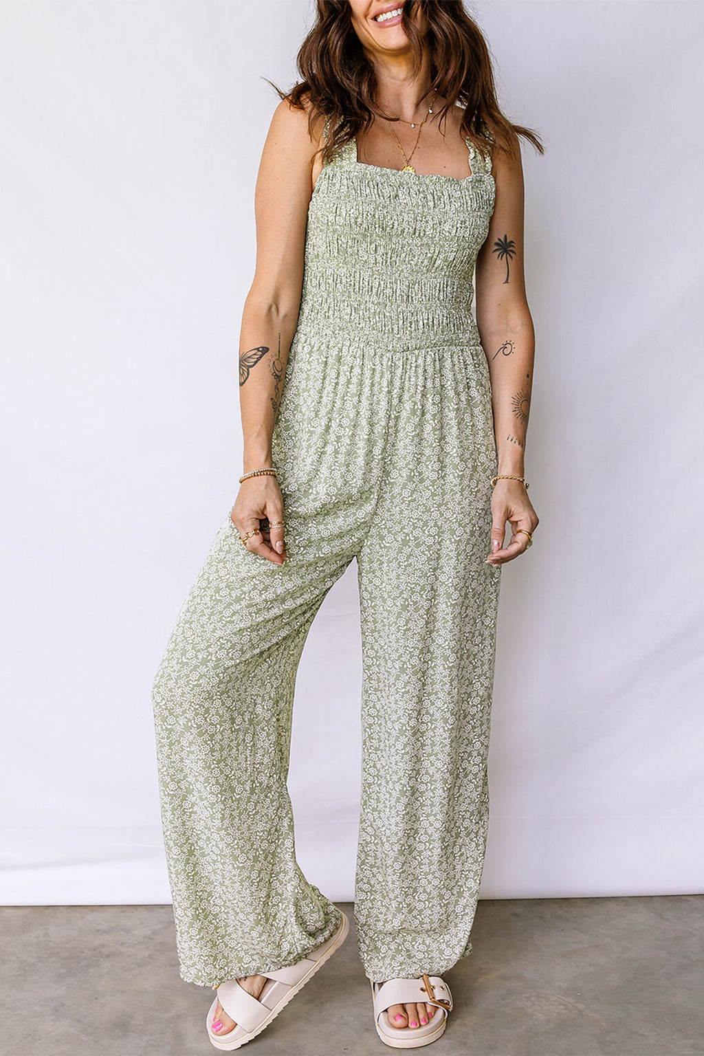 Green Smocked Bodice Square Neck Sleeveless Floral Jumpsuit