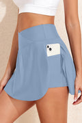 Beau Blue Solid Pocketed Crossover High Waist Swim Skort