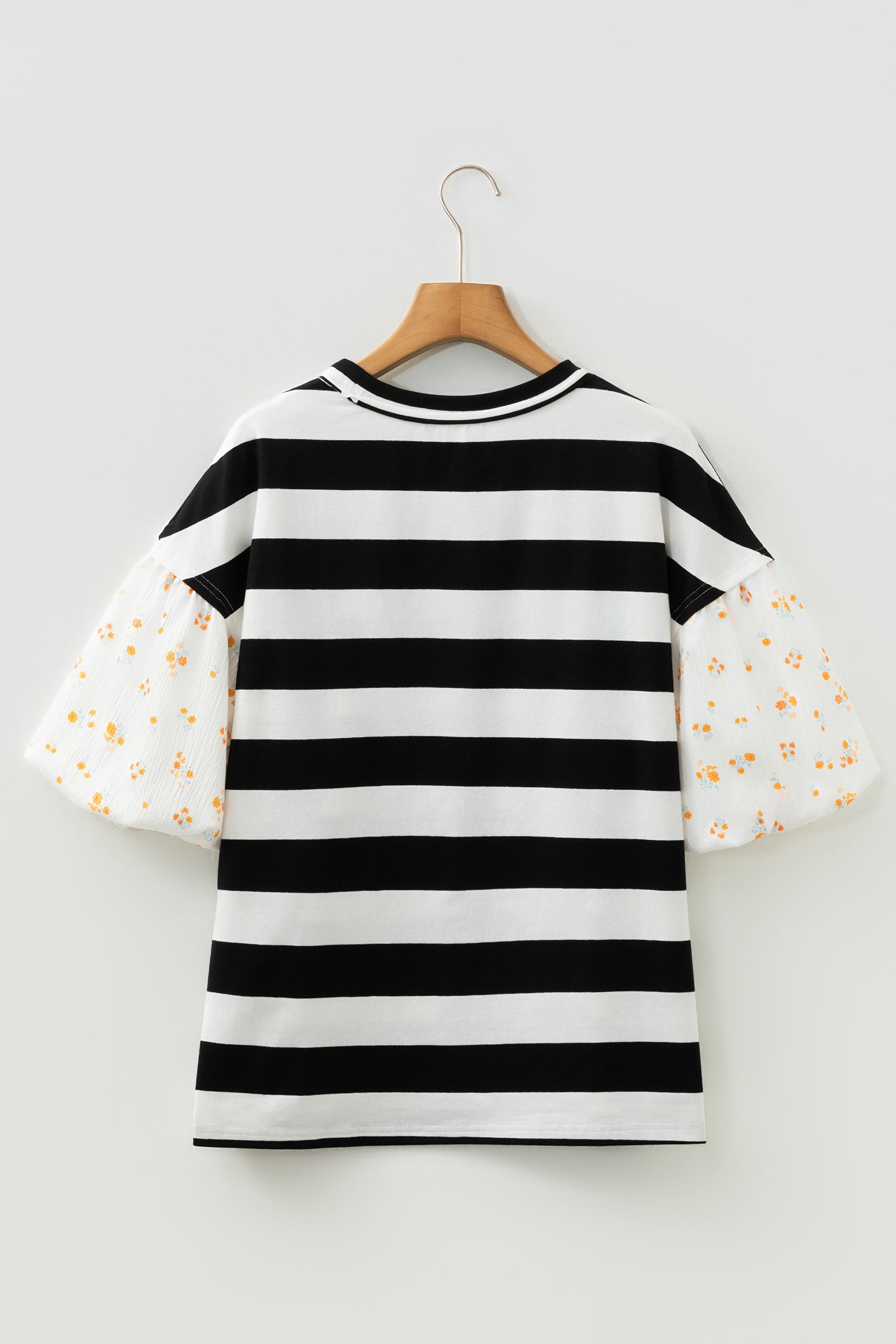 Black Stripe Floral Print Puff Sleeve Patchwork Blouse