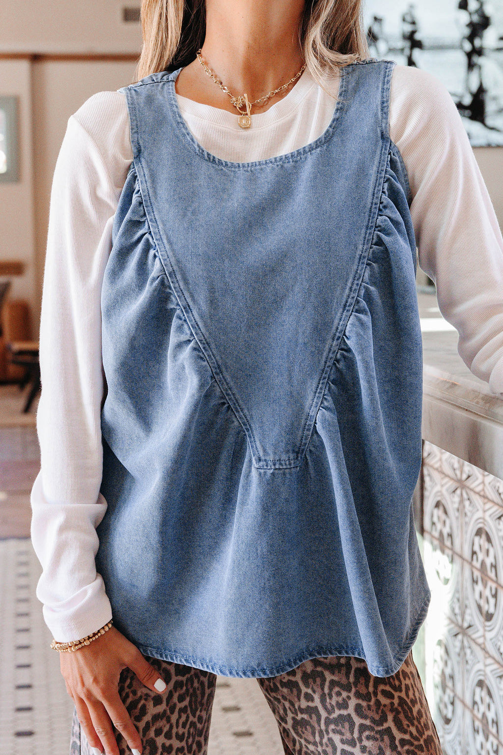 Myosotis Denim Pleated Patchwork Sleeveless Top