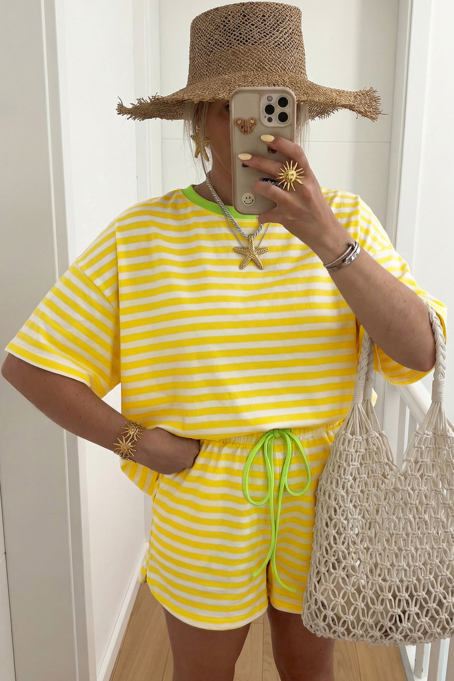 Pink Stripe Contrast Neck Loose Tee and Drawstring Shorts Set