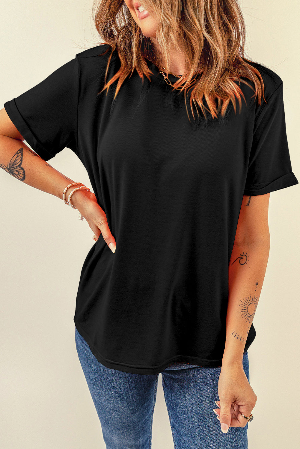 Dark Blue Casual Plain Crew Neck Tee