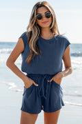 Ashleigh Blue Knit Open Back Cap Sleeve Drawstring Elastic Waistband Romper