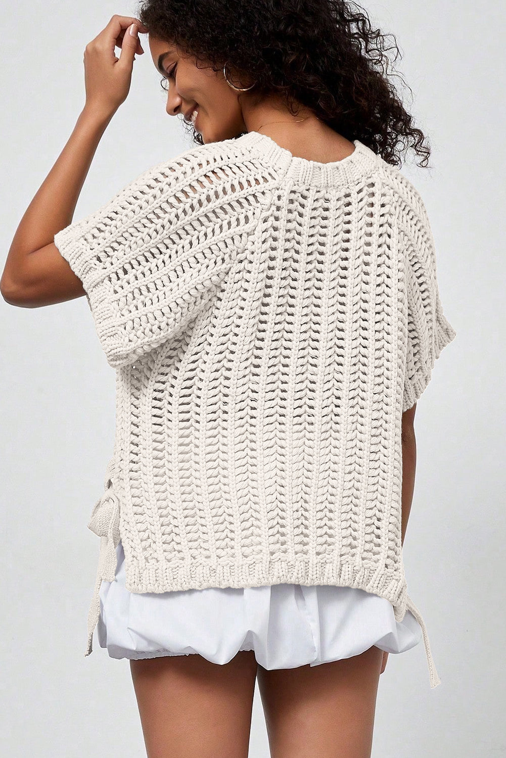 White Plus Size Open Knit Bow Tie Short Sleeve Sweater