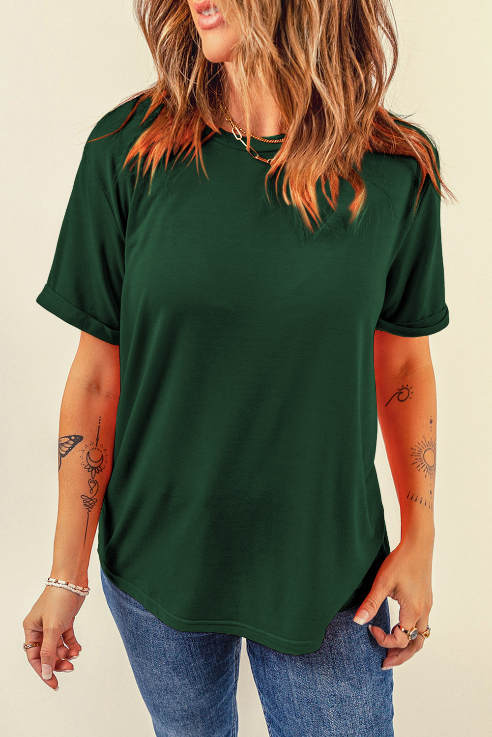 Dark Blue Casual Plain Crew Neck Tee
