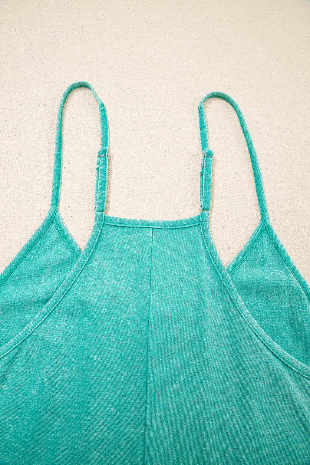 Mint Green Mineral Wash Spaghetti Straps Pocketed Romper