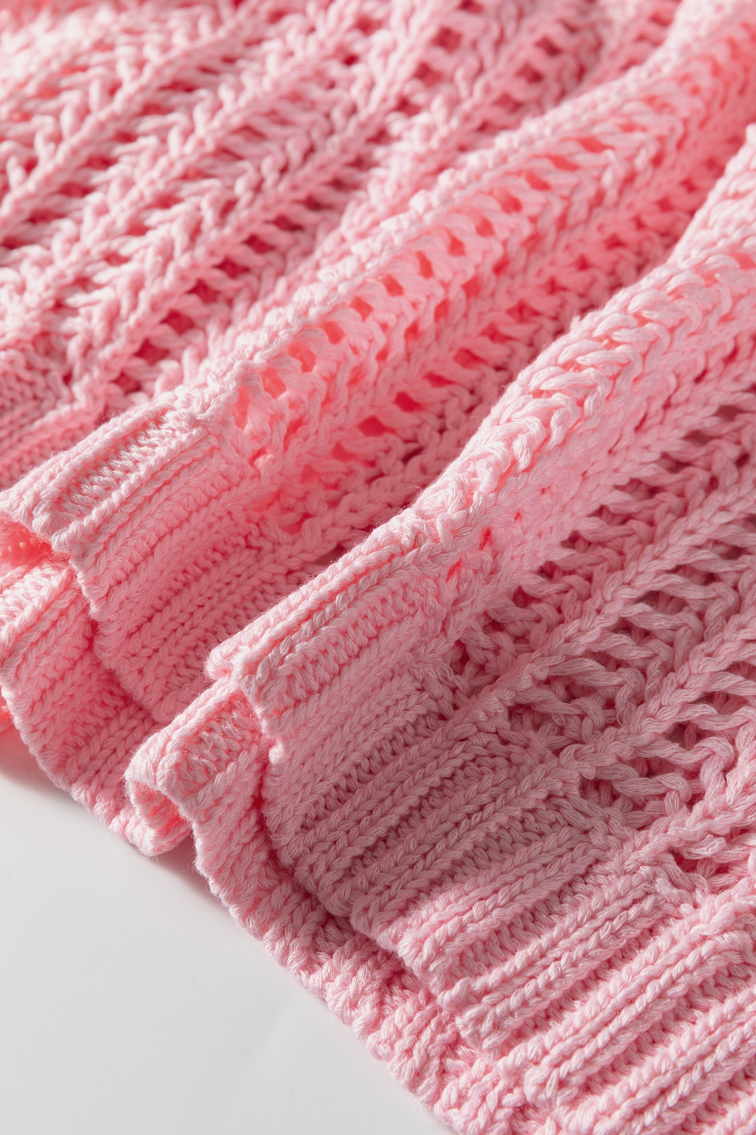 Pink Plus Size Open Knit Bow Tie Short Sleeve Sweater