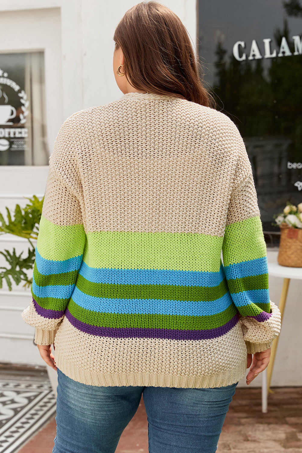 Parchment Color Block Crochet Open Front Plus Size Cardigan