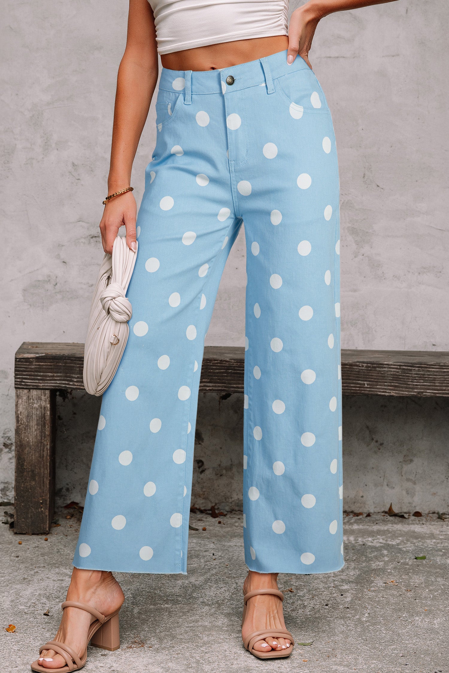 Khaki Polka Dot Print Raw Hem Shift Jeans