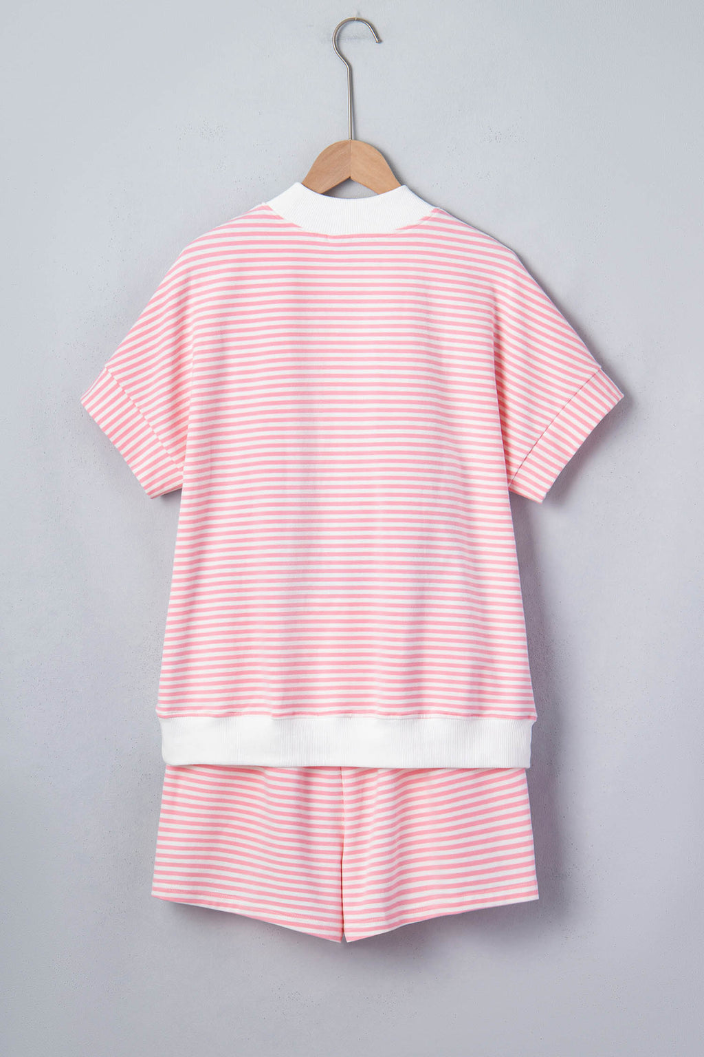 Pink Stripe Contrast Trim High Neck Short Sleeve LAKE WEEKEND 2pcs Short Set