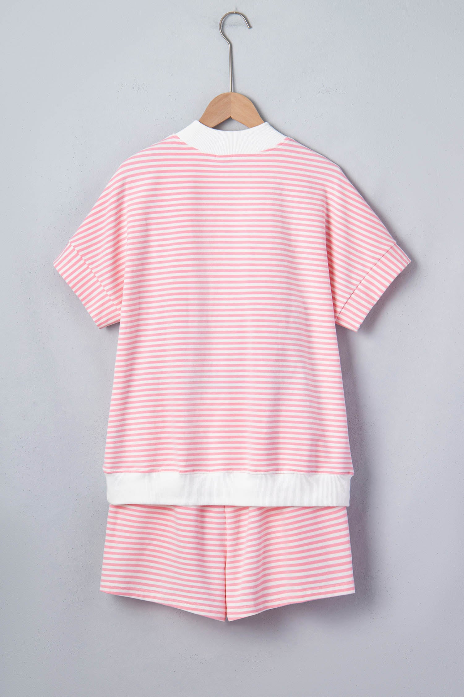 Pink Stripe Contrast Trim High Neck Short Sleeve LAKE WEEKEND 2pcs Short Set