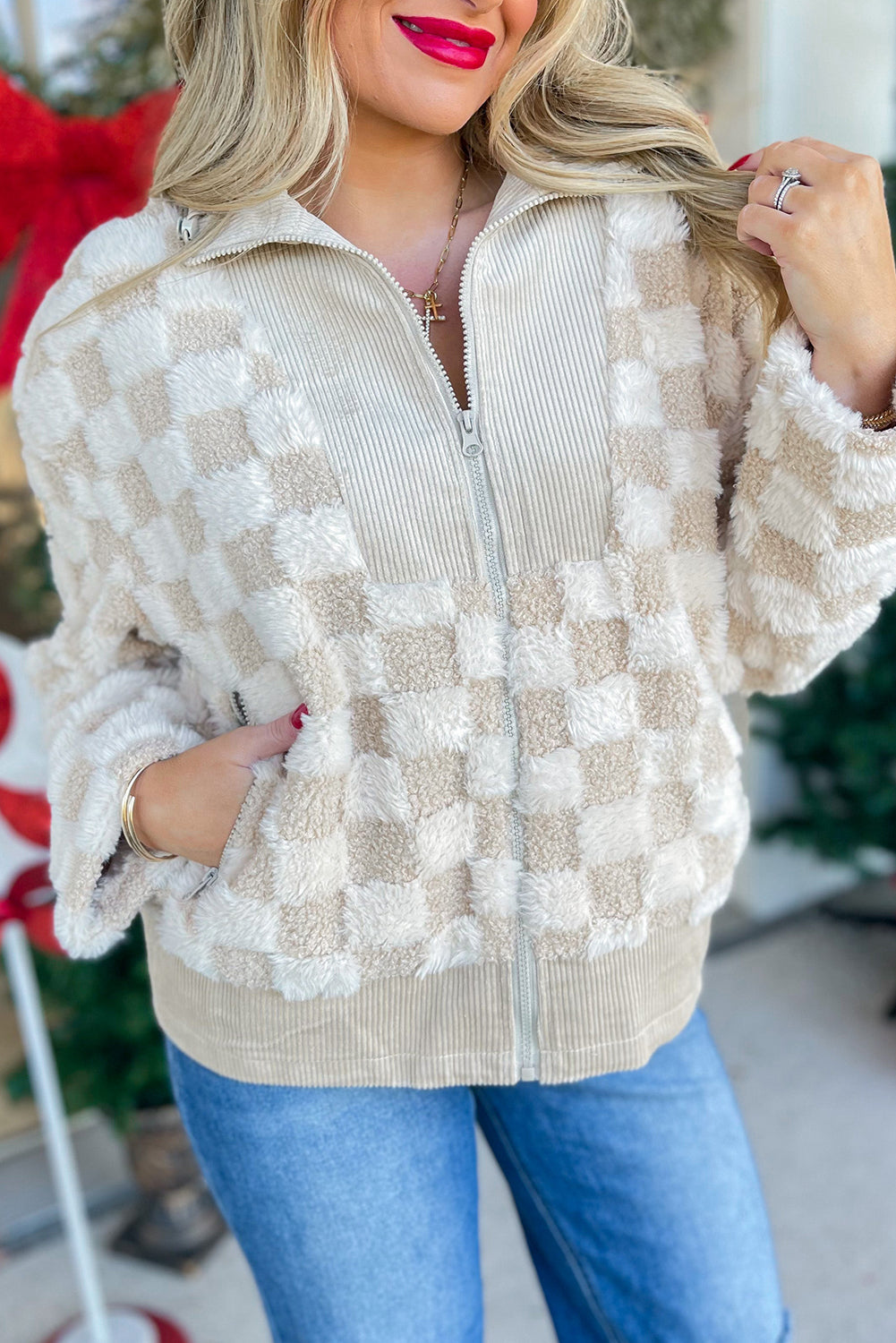 Khaki Checker Sherpa Corduroy Patchwork Zip up Collared Jacket