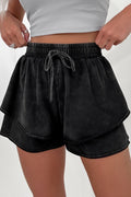 Black Mineral Wash French Terry Drawstring Elastic Waistband Casual Shorts