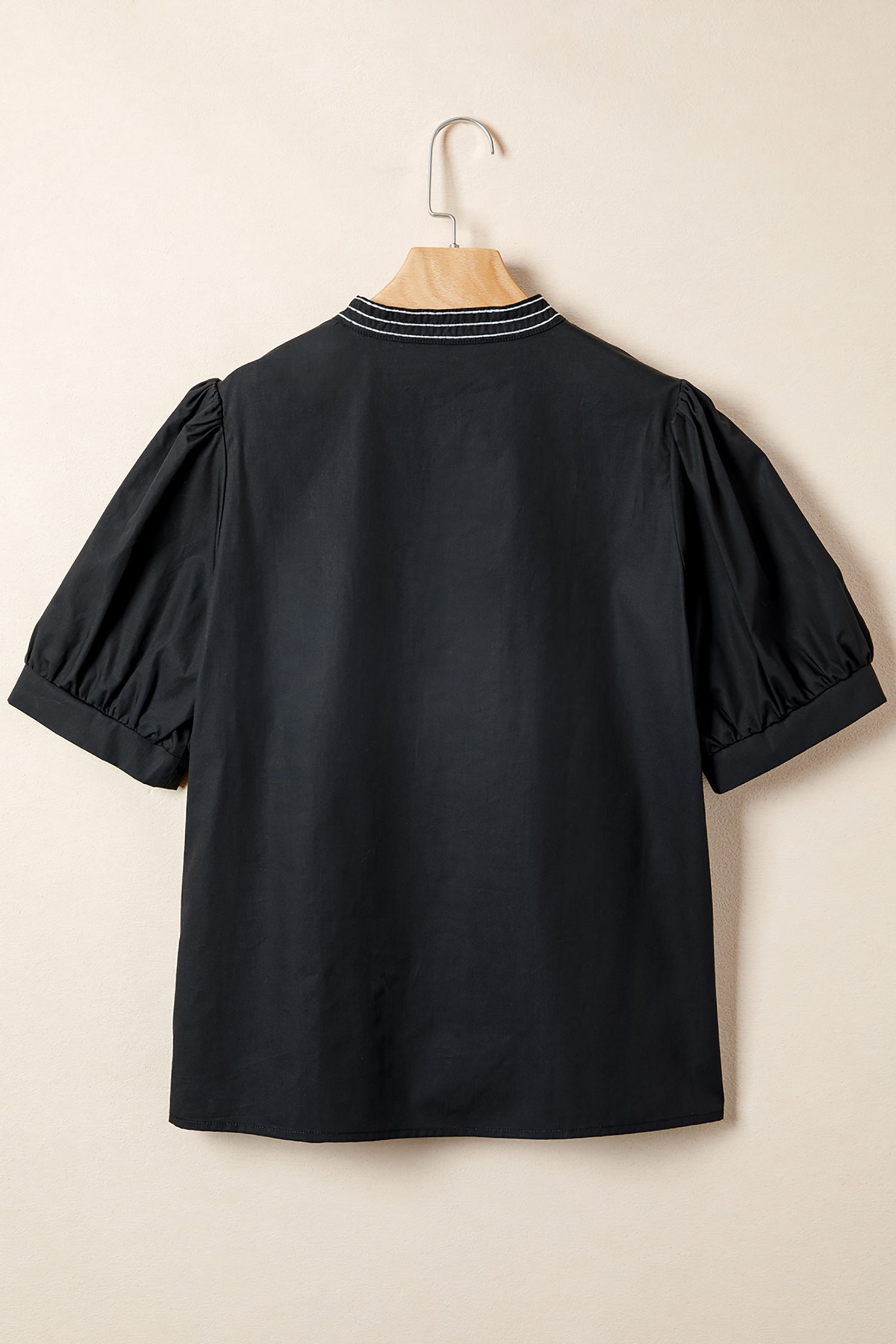 Black Short Puff Sleeve Contrast Embroidered Detail V Neck Blouse