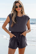 Bristol Black Knit Open Back Cap Sleeve Drawstring Elastic Waistband Romper