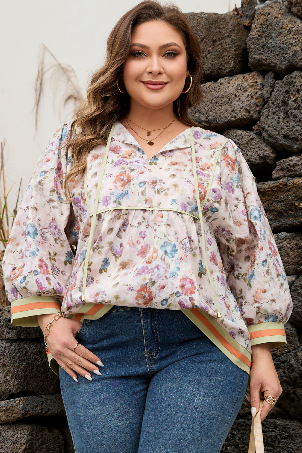 Black Plus Size Floral Print Contrast Trim Striped Detail Babydoll Blouse
