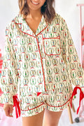 Beige Nutcracker Print Contrast Trim Tied up Bow Silky 2pcs Pajama Set