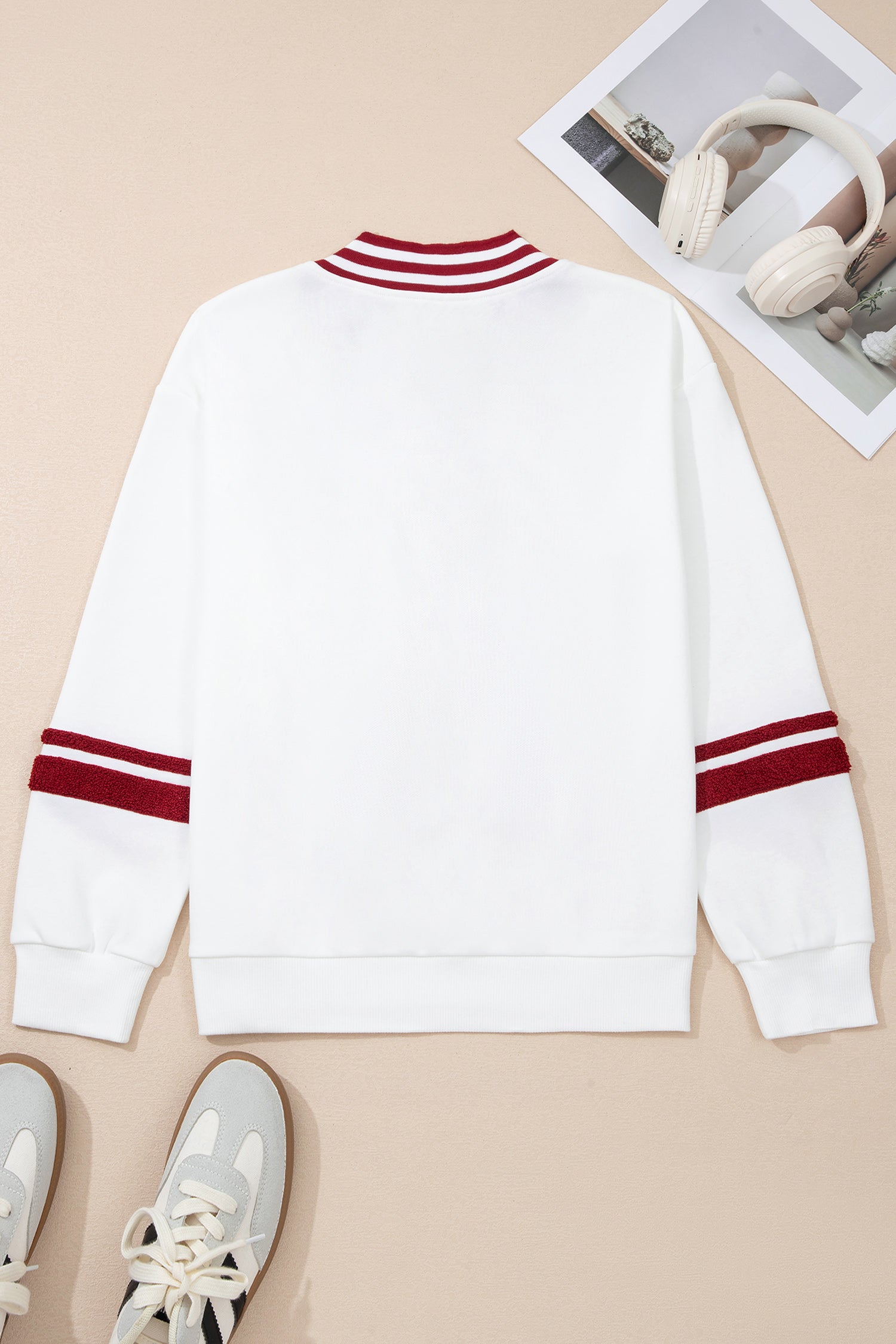 Red Dahlia Chenille Letter A Graphic Varsity Striped V Neck Puff Sleeve Sweatshirt