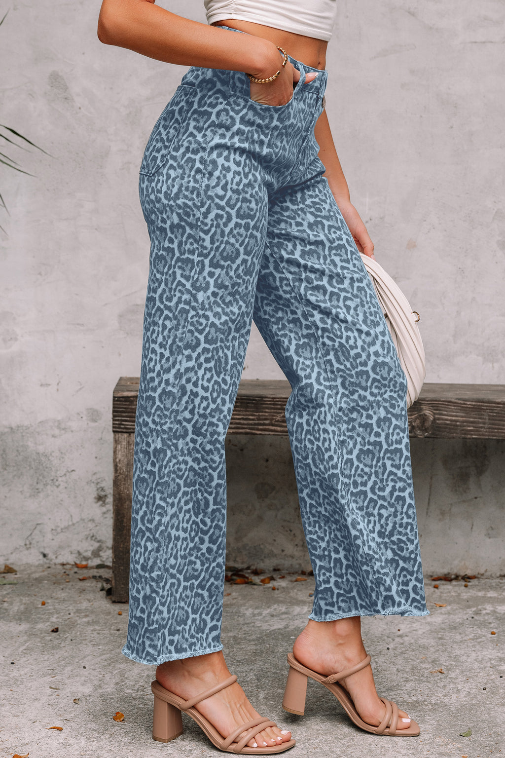 Sky Blue Leopard Frayed Edge Wide Leg High Waist Jeans