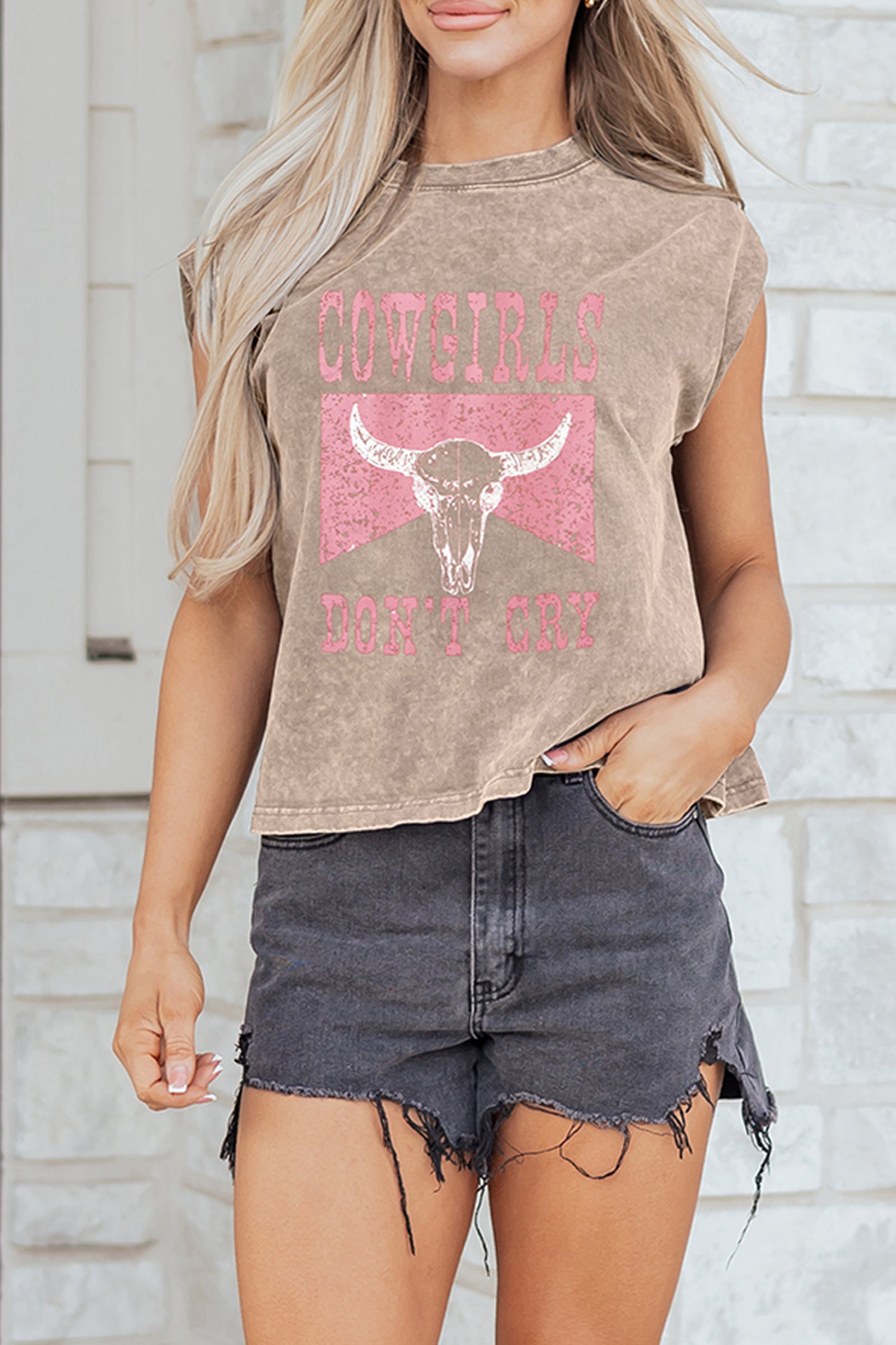 Smoke Gray Cowboy & Beer Western Graphic Mineral Wash Tank Top