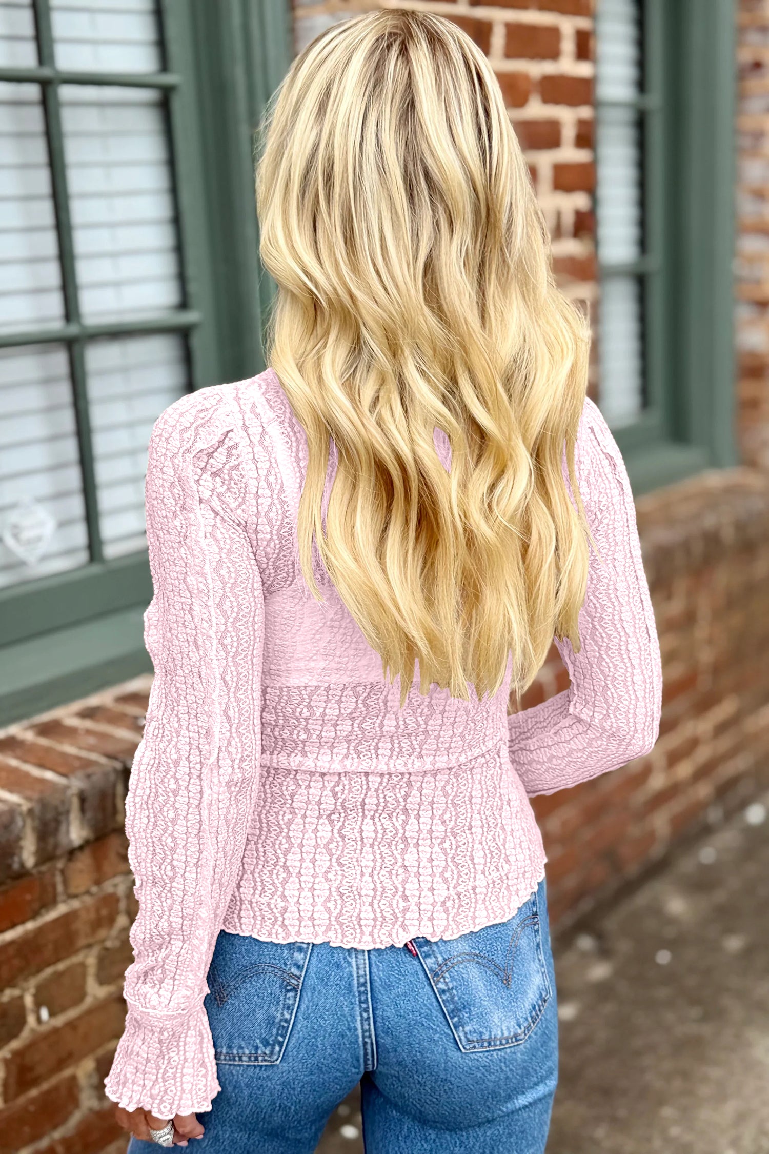 Light Pink Flounced Long Sleeve Mock Neck Sheer Lace Top