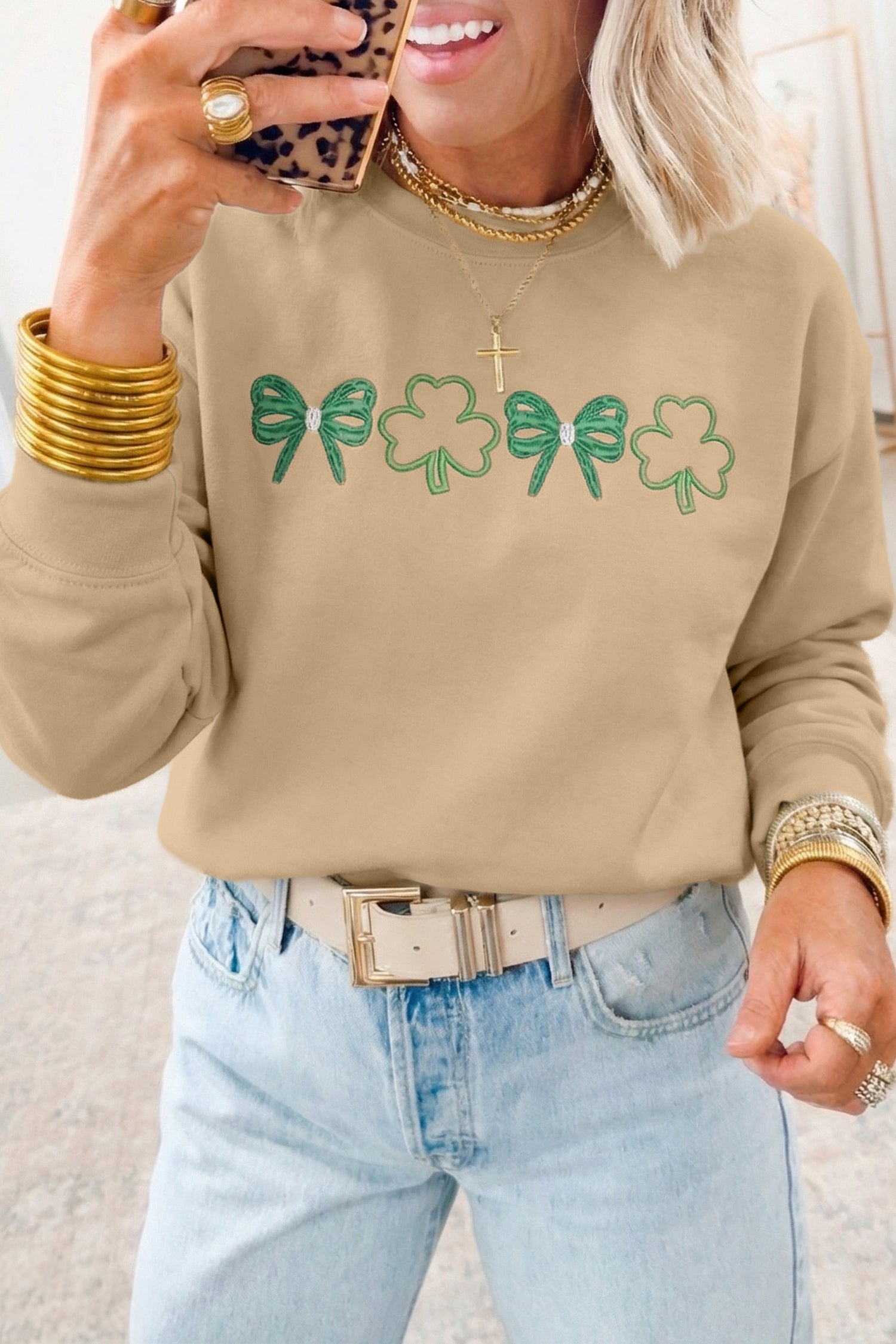 Khaki Embroidered Bow Clover St Patricks Fashion Sweatshirt