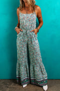 Green Bohemian Floral Ruffle Bottom Spaghetti Strap Jumpsuit