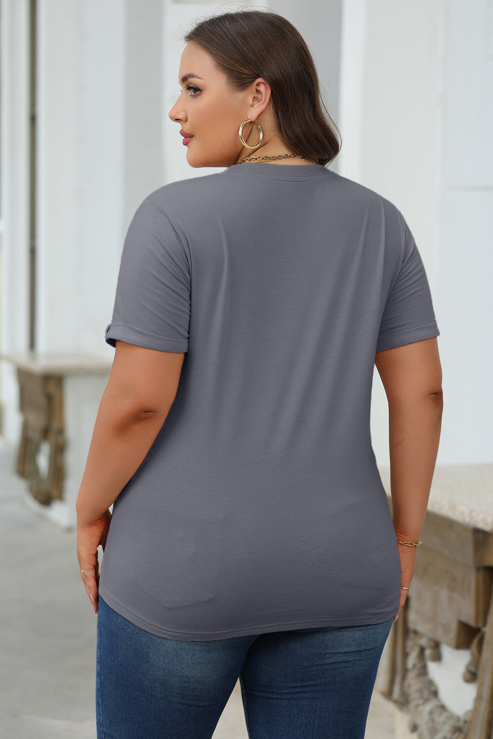 Dark Blue Casual Plain Crew Neck Tee
