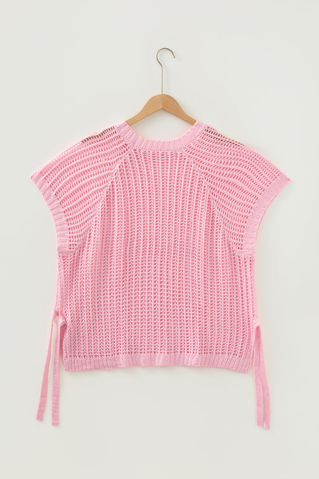 Pink Plus Size Open Knit Bow Tie Short Sleeve Sweater
