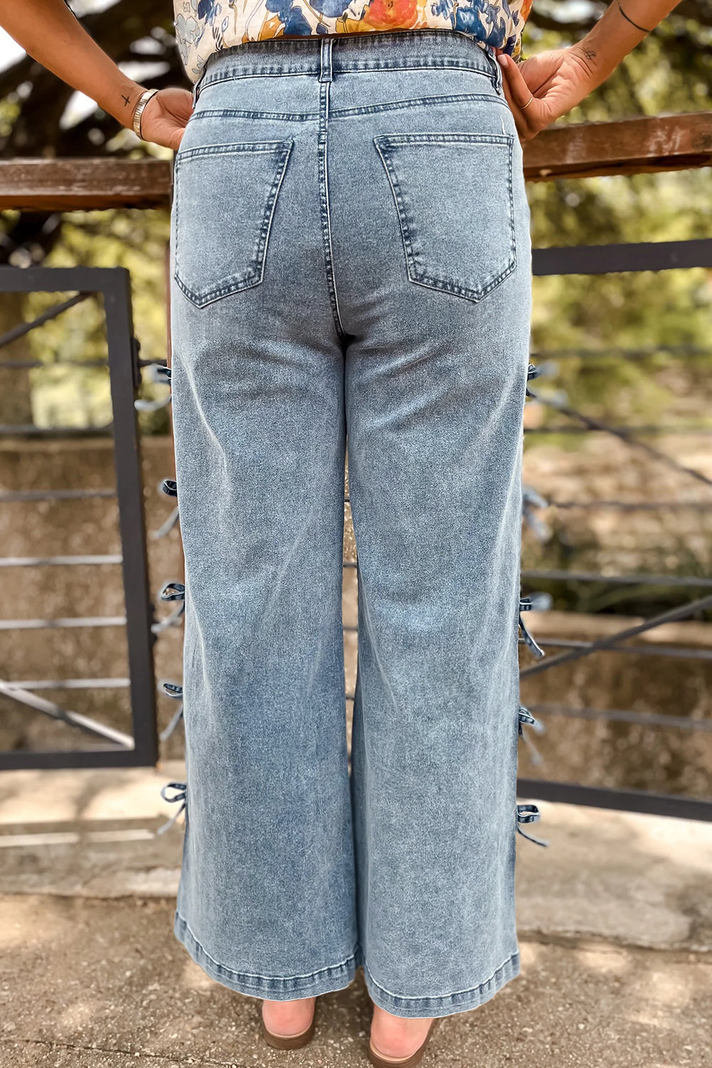 Beau Blue Bow Knot Side Detail Straight Leg Loose Jeans