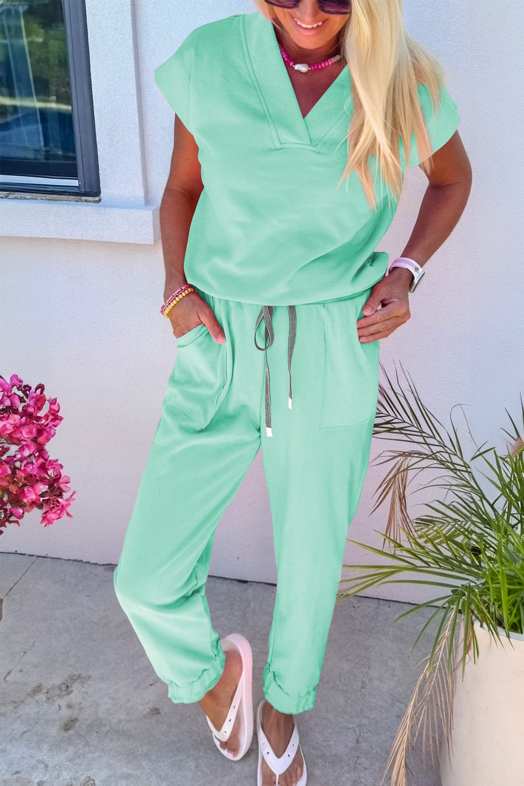 Beau Blue Solid Color V Neck Tee Drawstring Pant Set