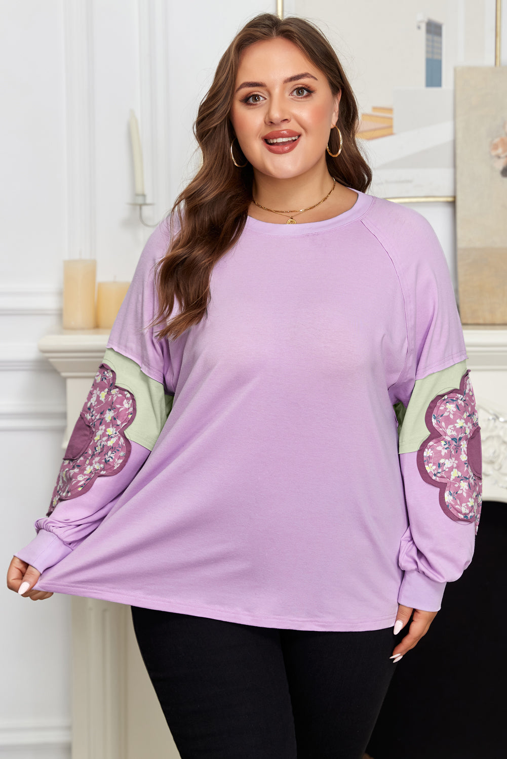 Phalaenopsis Flower Patch Colorblock Plus Size Pullover Top