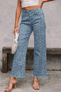 Sky Blue Leopard Frayed Edge Wide Leg High Waist Jeans