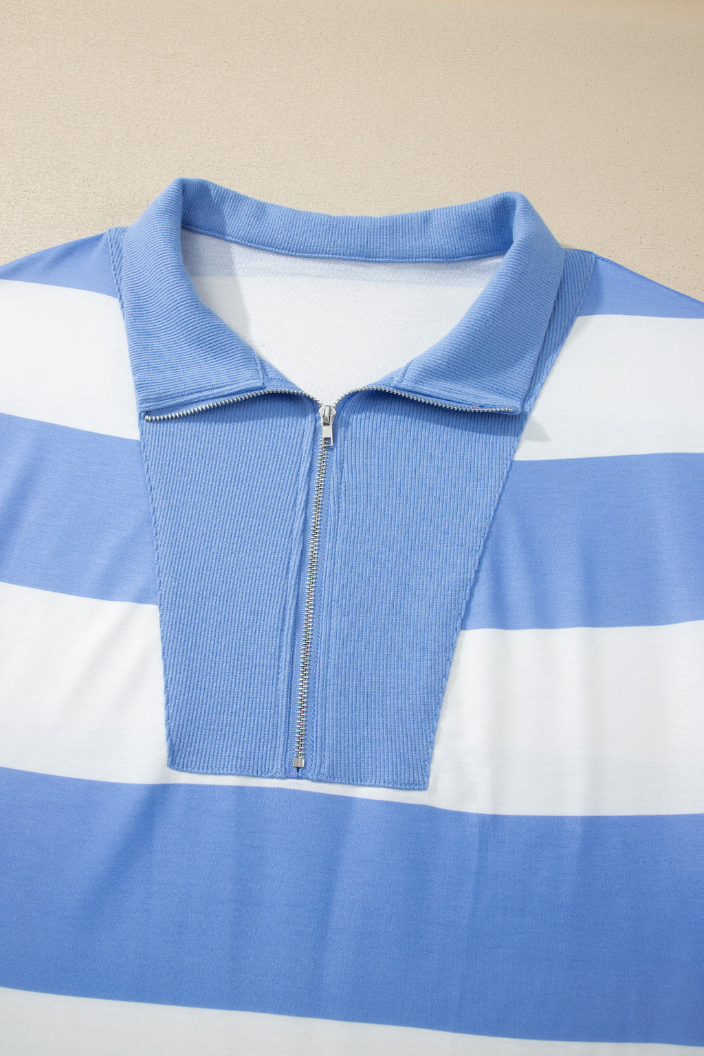 Sky Blue Stripe Drop Shoulder Zipped Collar T Shirt Plus Size Shorts Set