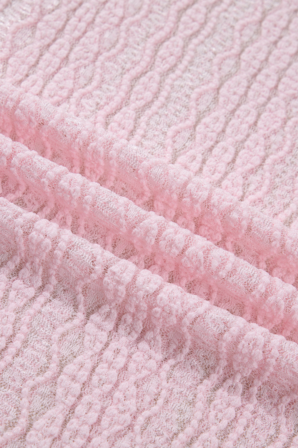 Light Pink Flounced Long Sleeve Mock Neck Sheer Lace Top