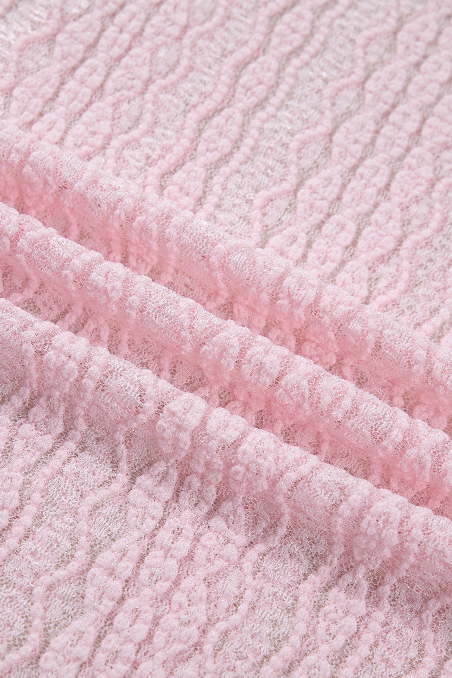 Light Pink Flounced Long Sleeve Mock Neck Sheer Lace Top