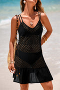 Black See Through Patterned Knit Ruffle Hem Patchwork Beach Cover Up