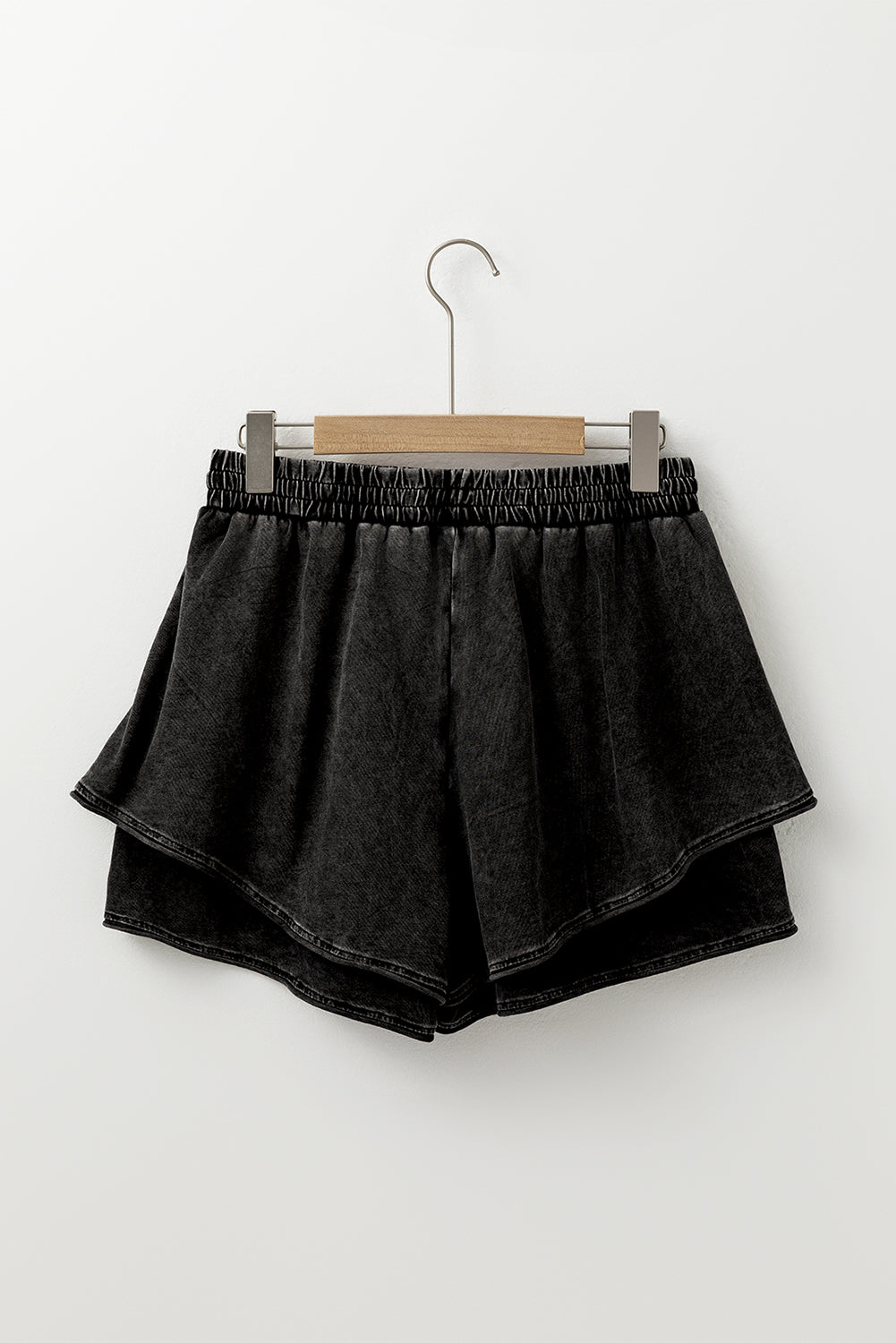 Black Mineral Wash French Terry Drawstring Elastic Waistband Casual Shorts